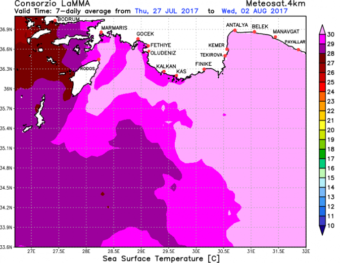 Current sea temperatures in Greece Ionian, Aegean, central Mediterranean sea Severe Weather