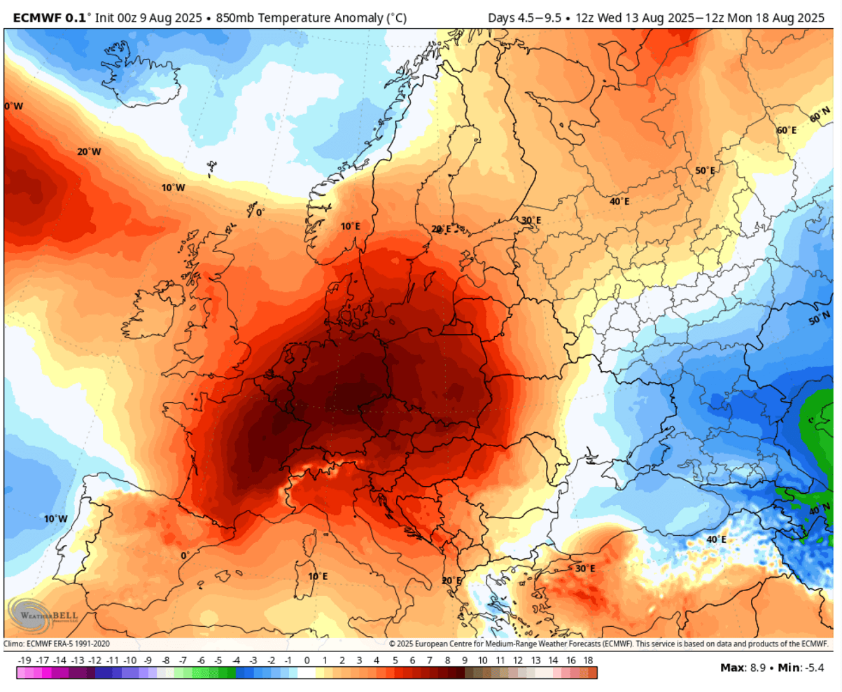 european-heat-dome-extreme-heatwave-europe-august-2025-850mbar-temperature-anomaly-friday