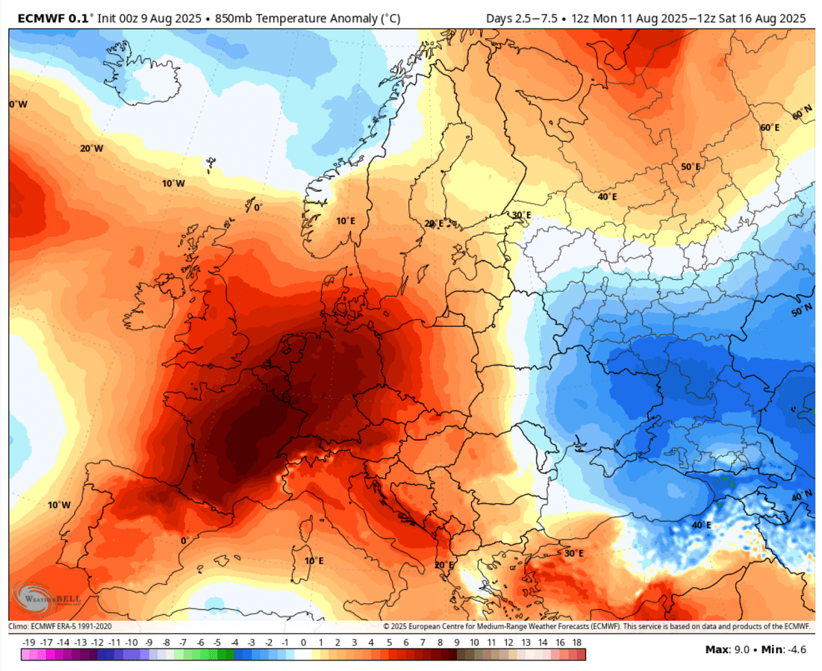 Onda de calor na Europa, em 9/8/2025. Fonte: Severe Weather Europe