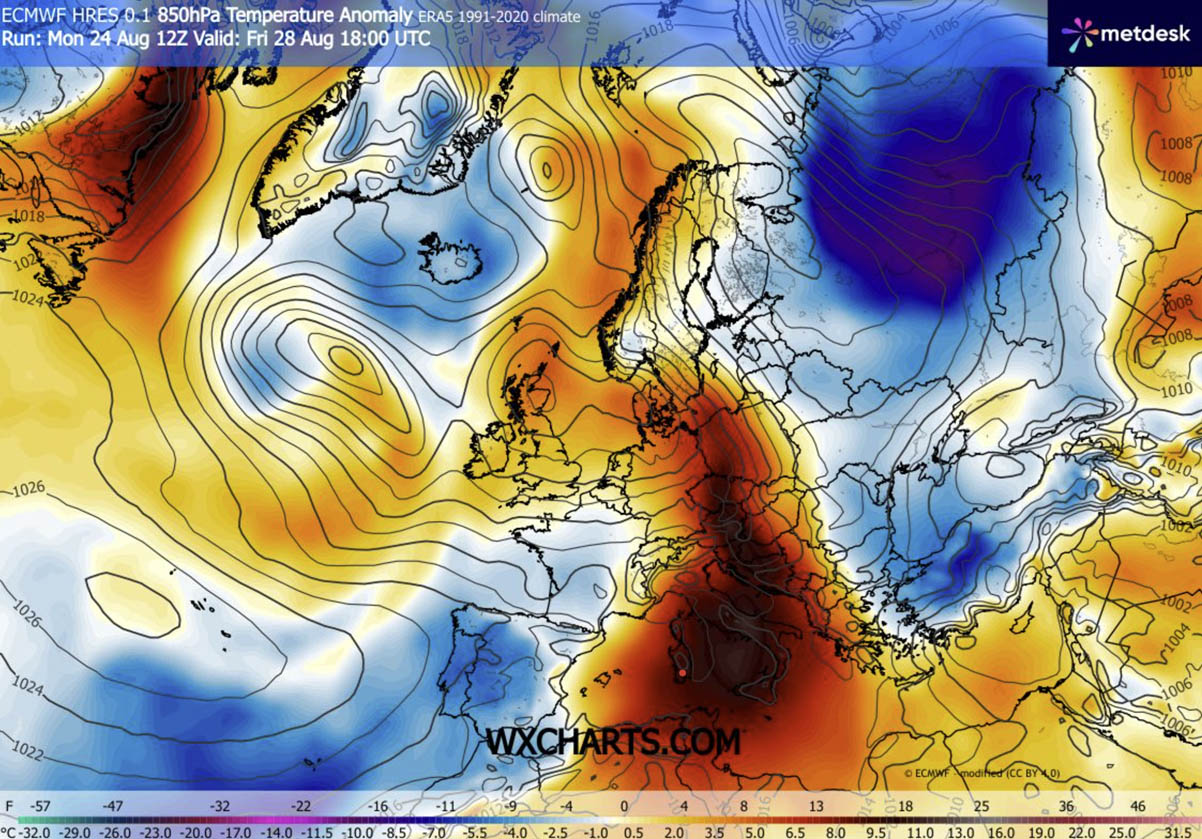 excessive-heat-dome-heatwave-southern-central-europe-end-august-2026-850-mbar-temperature-saturday