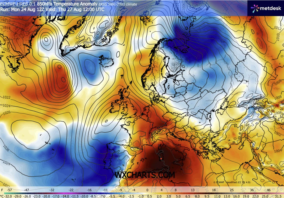 excessive-heat-dome-heatwave-southern-central-europe-end-august-2026-850-mbar-temperature-thursday