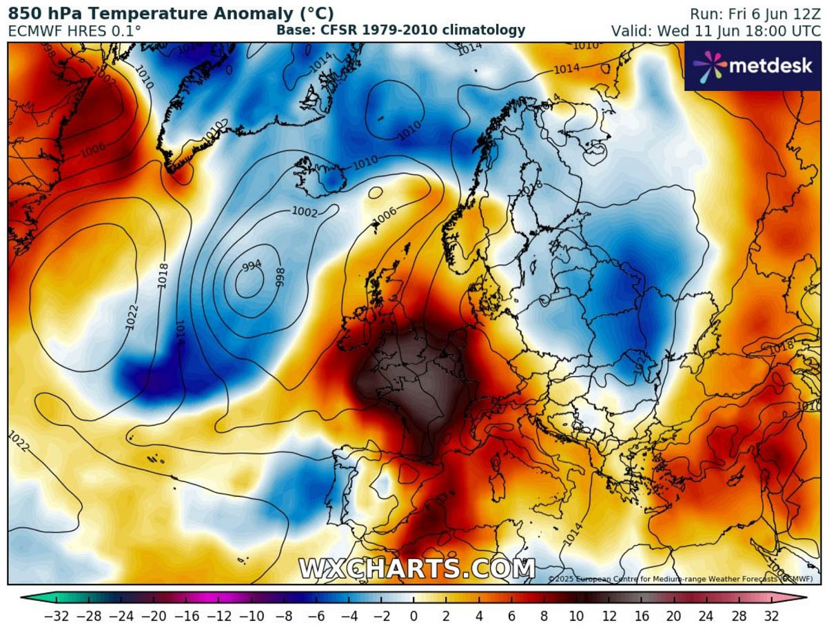 first-heatwave-summer-2025-heat-dome-europe-850mb-temperature-anomaly-midweek