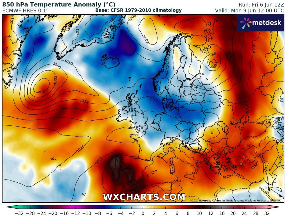 first-heatwave-summer-2025-heat-dome-europe-850mb-temperature-anomaly-monday