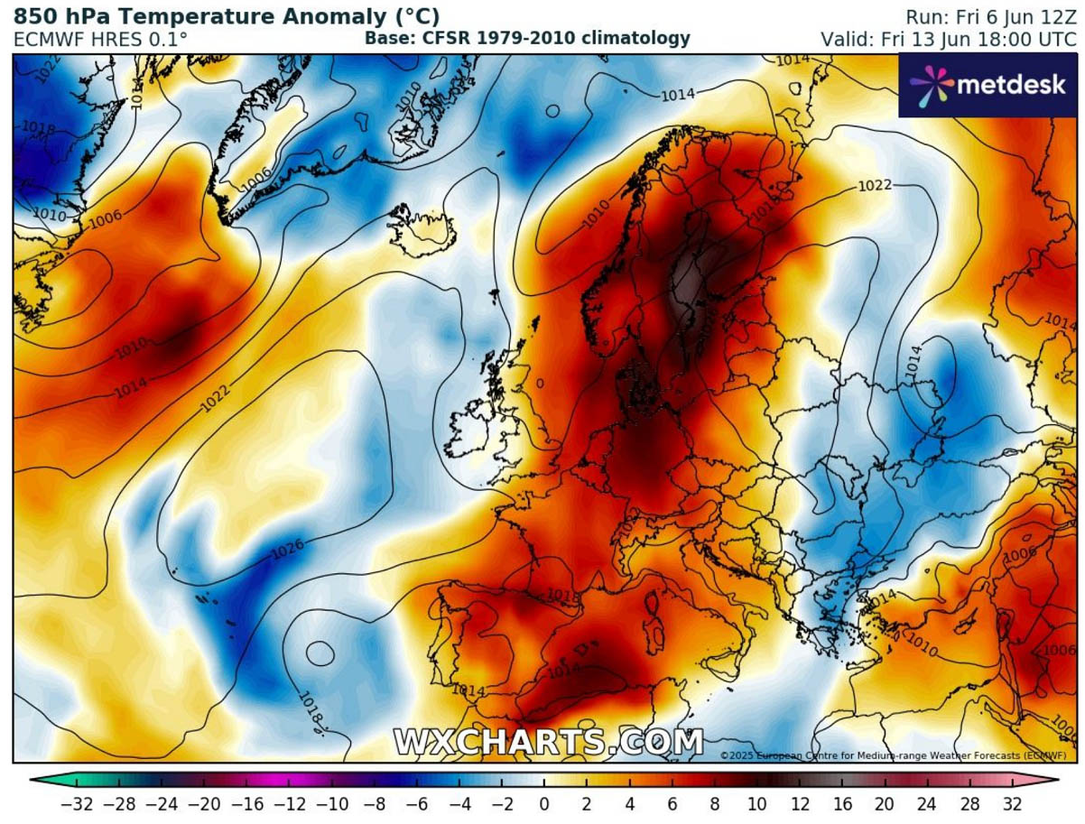 first-heatwave-summer-2025-heat-dome-europe-850mbar-temperature-friday