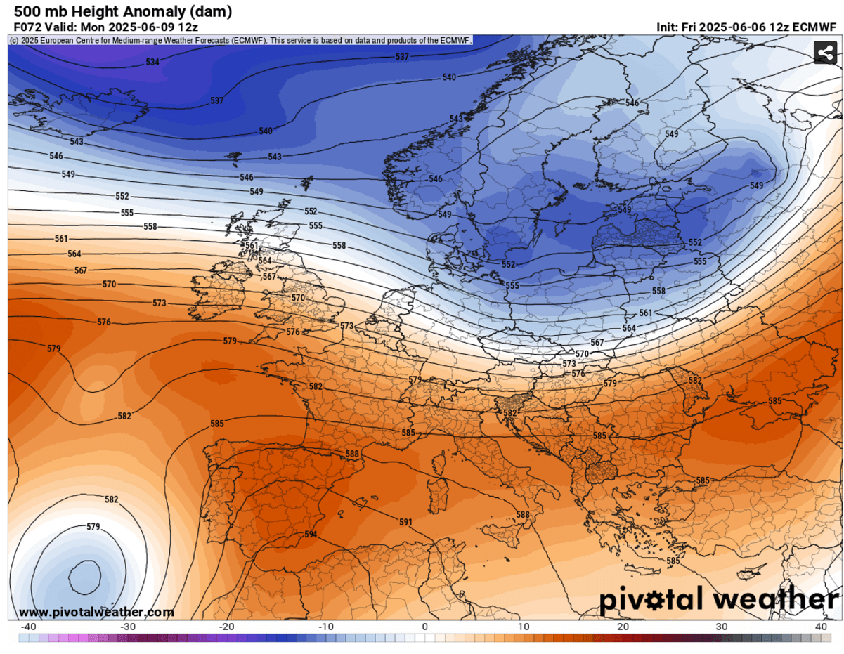 first-heatwave-summer-2025-heat-dome-europe-pattern-monday