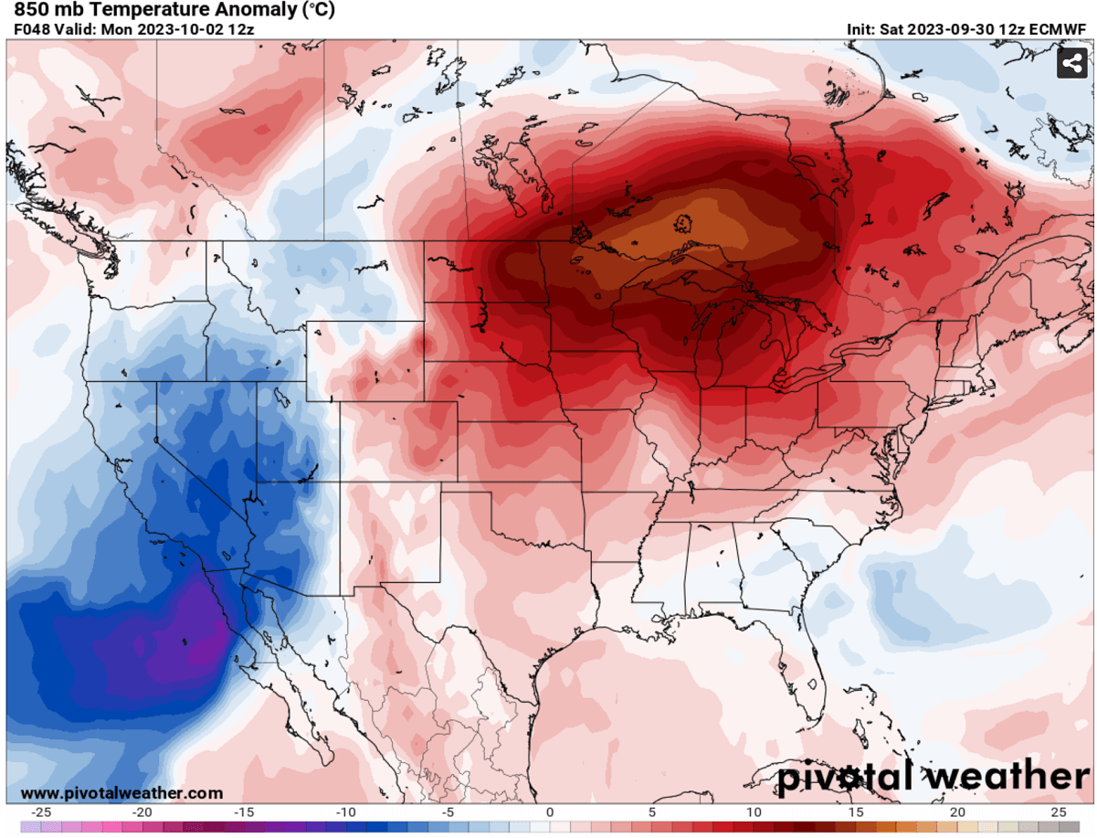 historic-heatwave-heat-dome-forecast-midwest-united-states-october-fall-season-2023-850mbar-anomaly