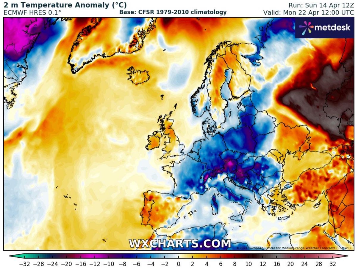 major-pattern-flip-cold-outbreak-europe-frost-snow-april-2024-2m-temp-anomaly-monday