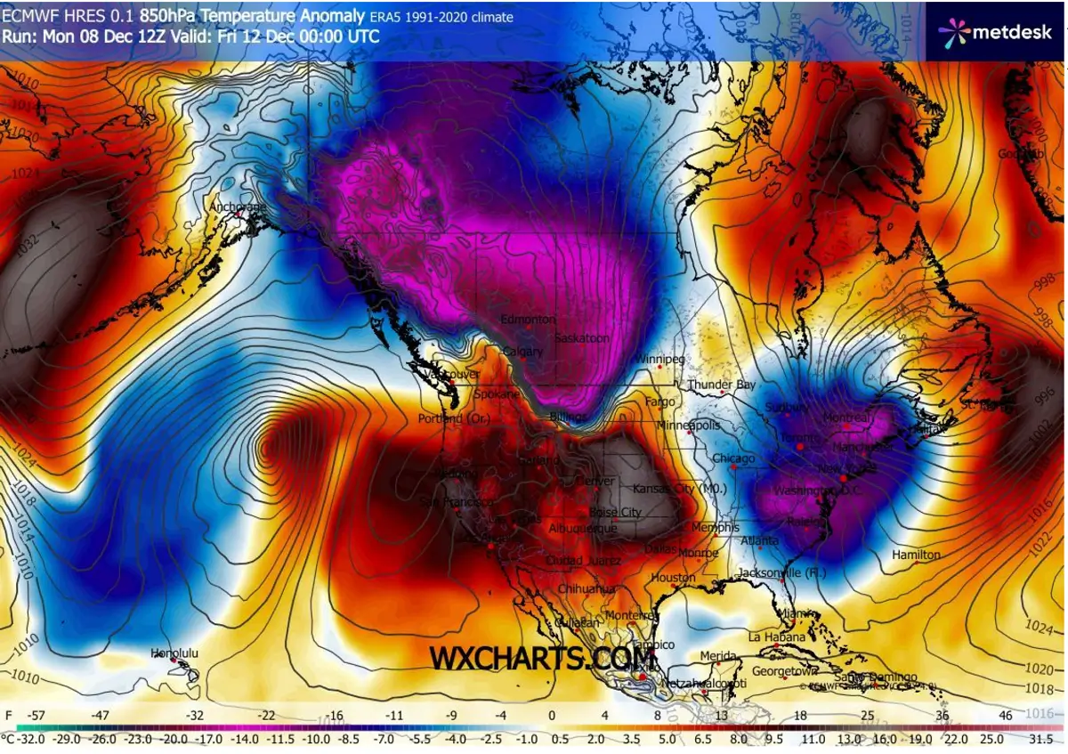 polar-vortex-split-frigid-arctic-cold-canada-united-states-december-2025-850mbar-temperature-anomaly-friday