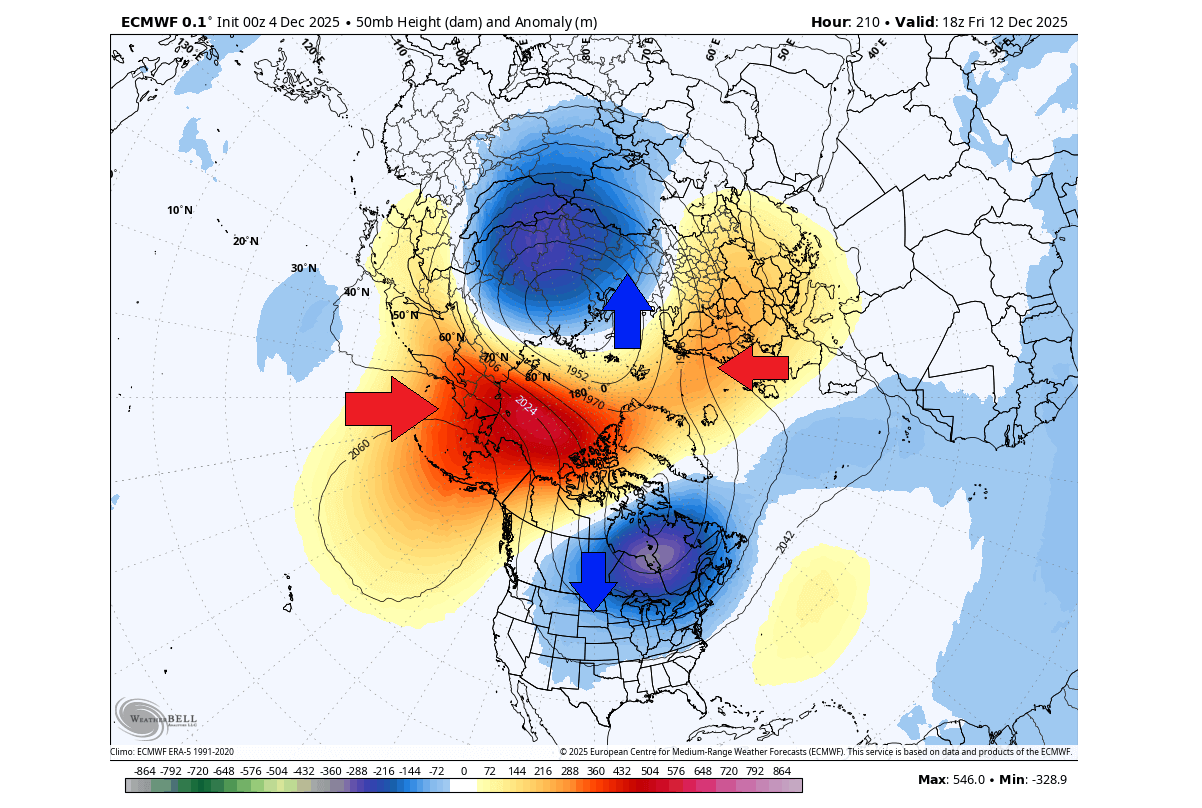 polar-vortex-split-north-hemisphere-forecast-december-united-states-canada-winter-50mb-pressure