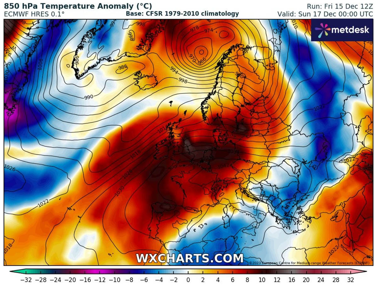 powerful-heat-dome-warm-wave-forecast-europe-christmas-december-2023-850mb-temperature-anomaly-sunday