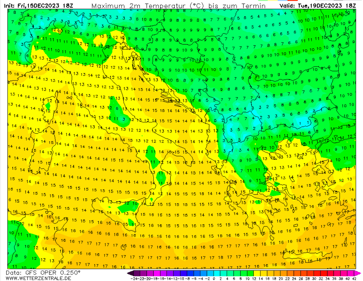 powerful-heat-dome-warm-wave-forecast-europe-christmas-december-2023-maximum-temperature-italy-mediterranean