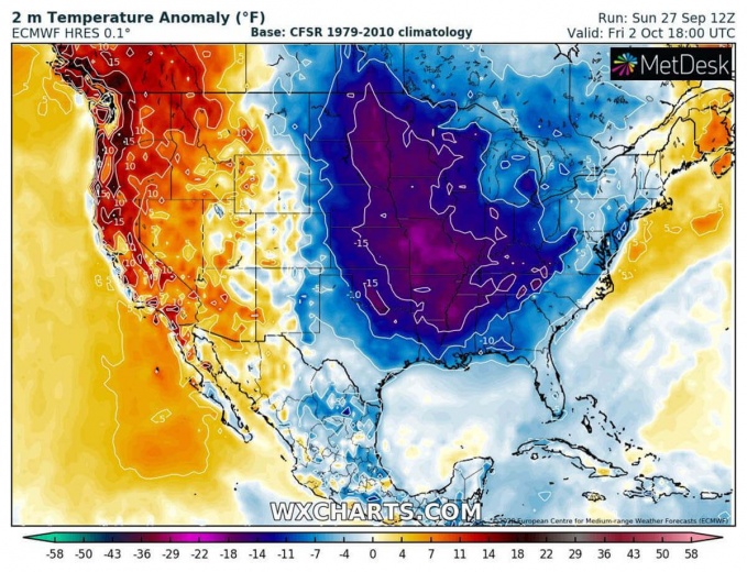 Cold start of October is forecast as cold front moves across the eastern US