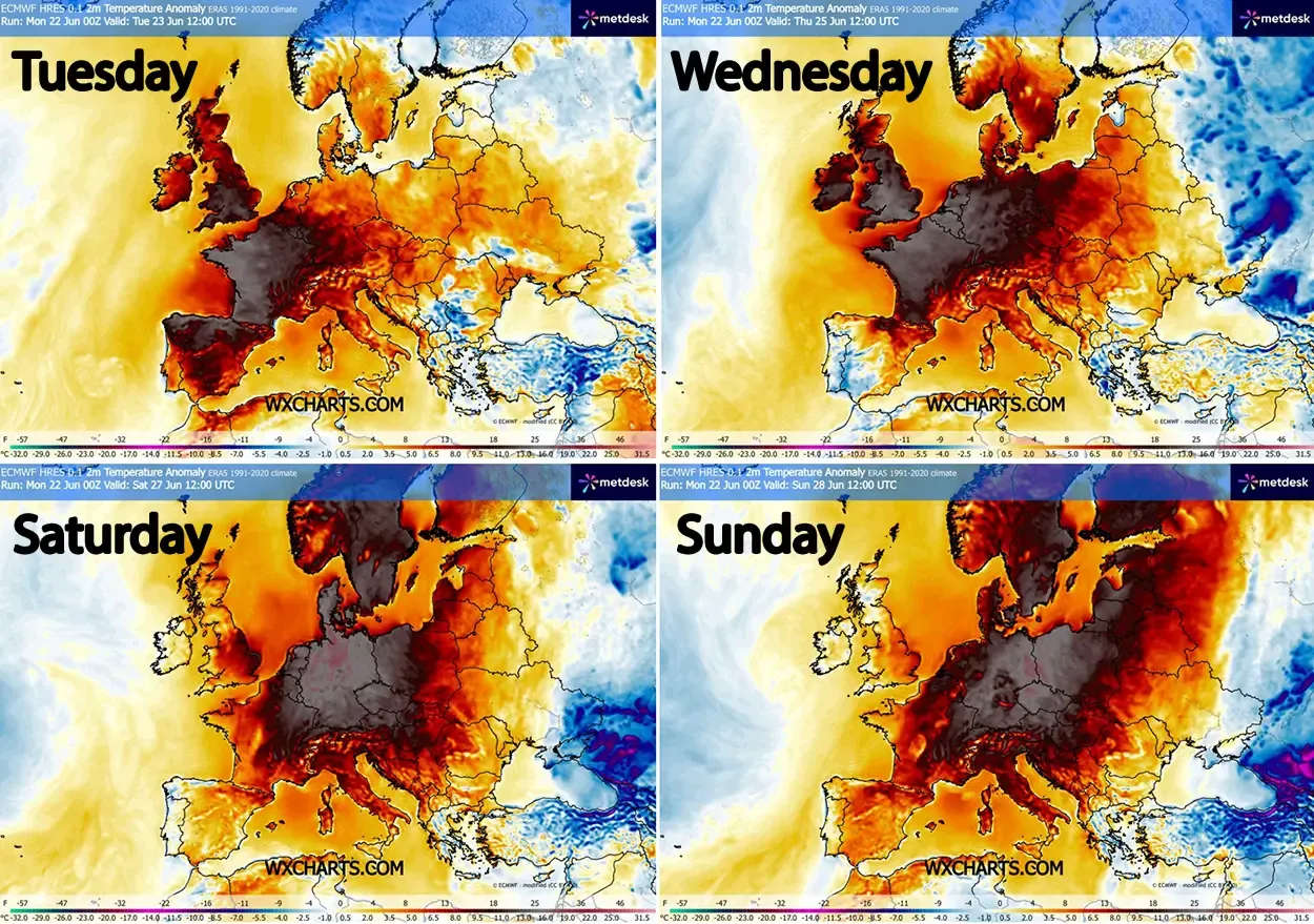 heat-dome-europe-excessive-historic-heatwave-june-july-summer-2026-2m-temperature-anomaly