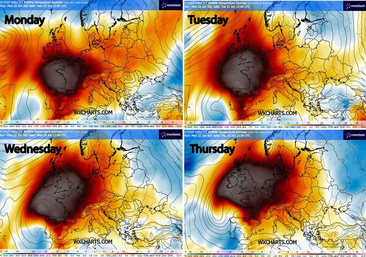 heat-dome-europe-excessive-historic-heatwave-june-july-summer-2026-850mbar-temperature-anomaly