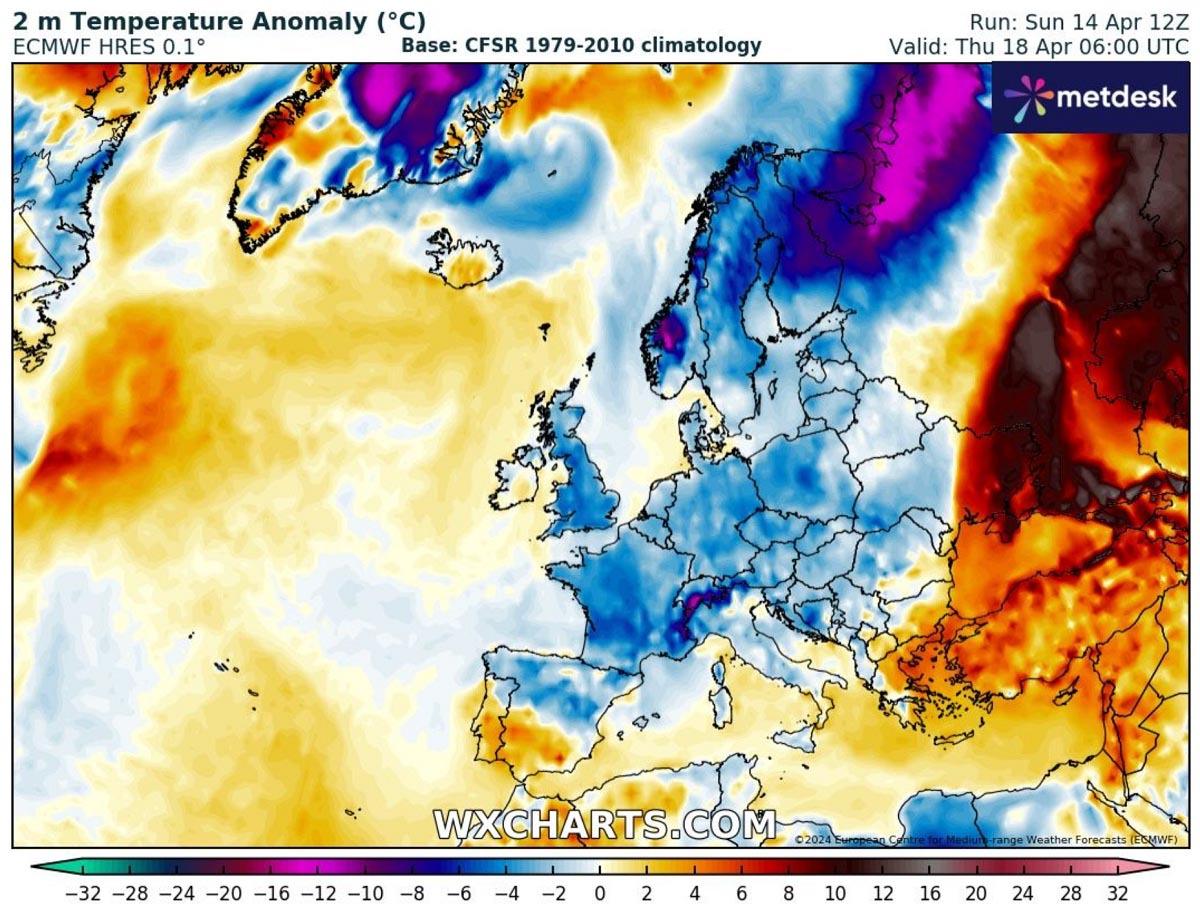 major-pattern-flip-cold-outbreak-europe-frost-snow-april-2024-2m-temp-anomaly-thursday