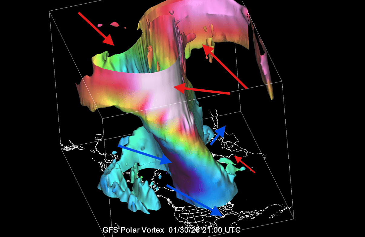 winter-polar-vortex-collapse-north-hemisphere-forecast-temperature-pressure-3D-stratospheric-warming-event-february-2026