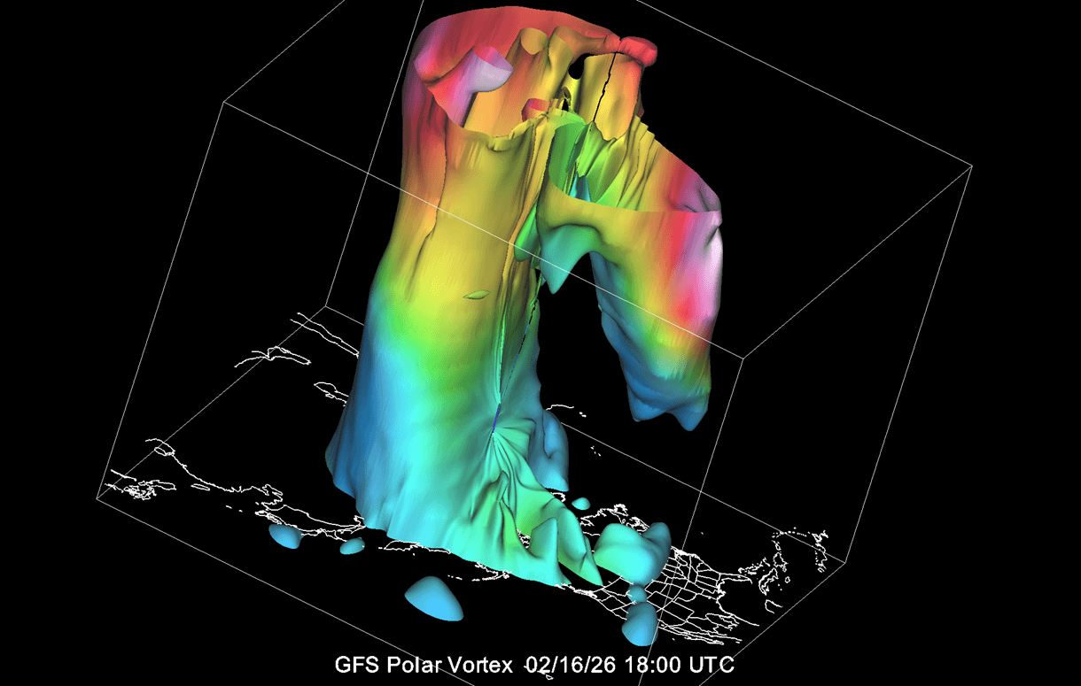 winter-polar-vortex-core-collapse-north-hemisphere-forecast-temperature-pressure-3D-stratospheric-warming-february-2026