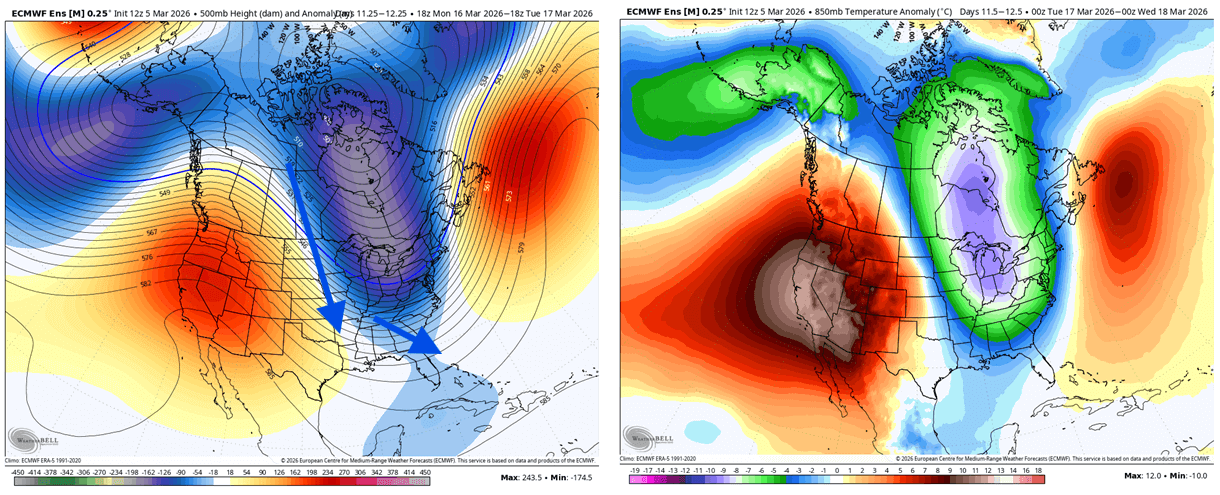 winter-spring-forecast-march-stratospheric-warming-pressure-temperature-anomaly-ecmwf-ensemble-mean-united-states-polar-vortex-split-cold-air-core