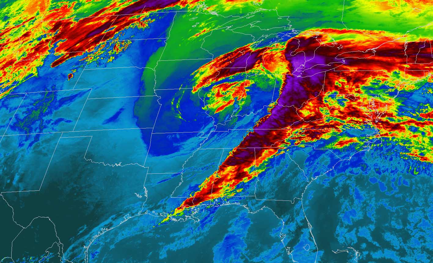A spectacular satellite view of a frontal system racing across the United States today, while