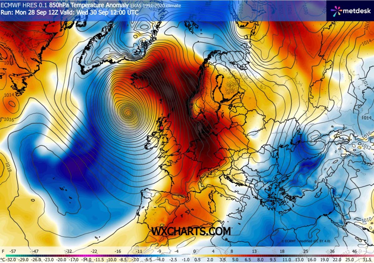 violent atlantic bomb cyclone uk ireland windstorm september 2026 850mbar temperature anomaly