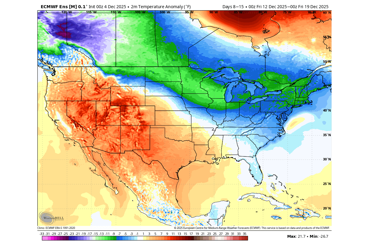 winter-forecast-december-surface-temperature-anomaly-pattern-ensemble-united-states-canada-cold-polar-vortex-split