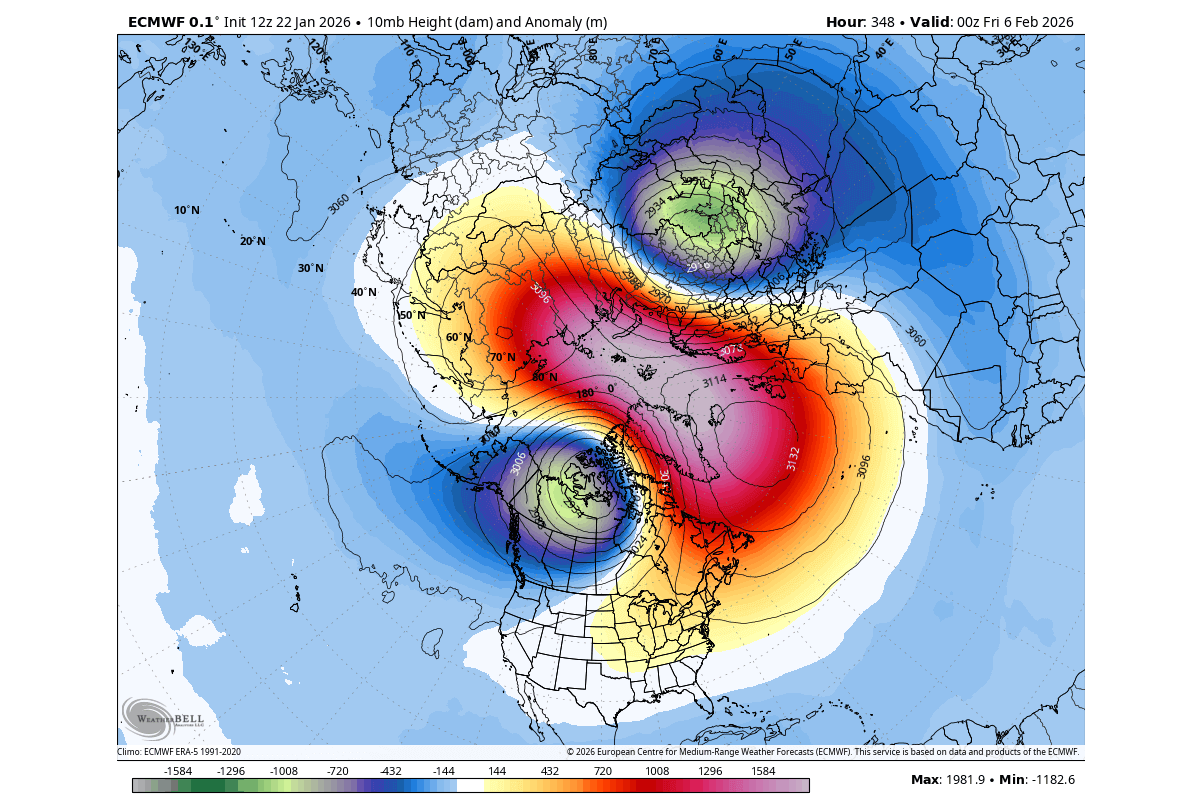 winter-forecast-february-stratospheric-warming-10mb-pressure-anomaly-ecmwf-united-states-canada-polar-vortex-split