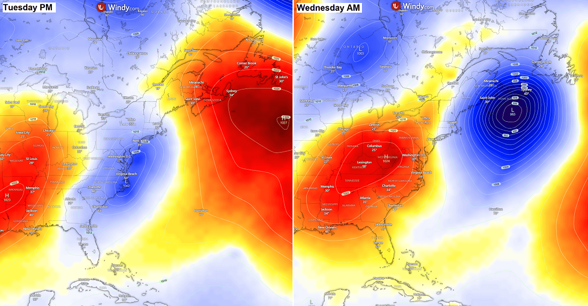 winter-storm-snow-noreaster-bomb-cyclone-northeast-us-canada-newfoundland-pressure