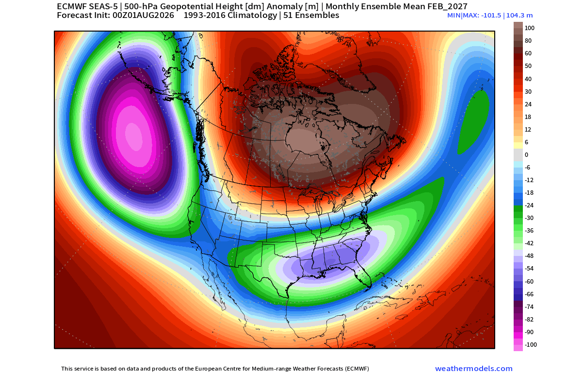 winter-2027-feburary-strong-el-nino-pressure-anomaly-pattern-snowfall-cold-forecast-united-states-canada-august-ecmwf-run
