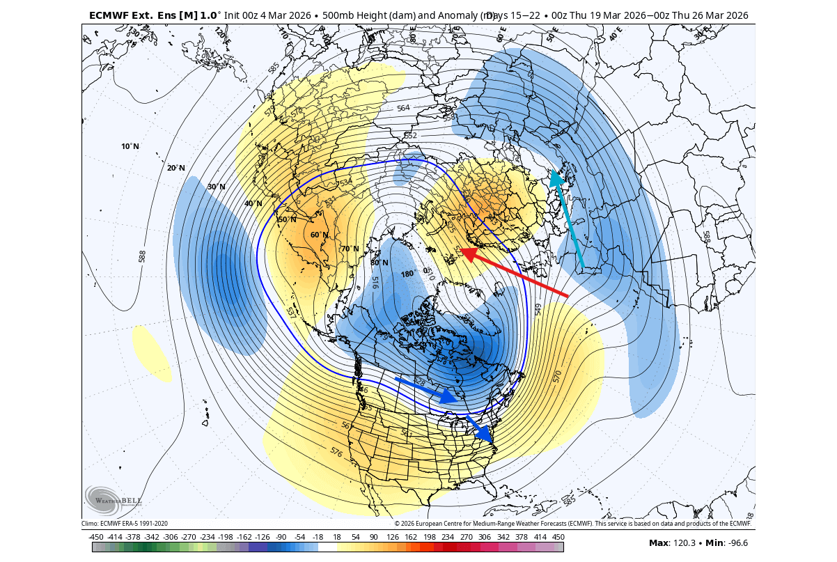 spring-winter-forecast-late-march-500mb-pressure-pattern-ecmwf-united-states-canada-stratospheric-warming-polar-vortex-core-collapse