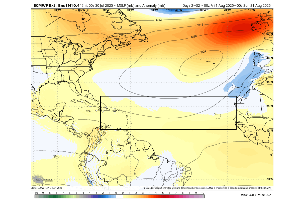 august-2025-weather-forecast-ecmwf-pressure-anomaly-united-states-eastern-canada-hurricane-zone-updated