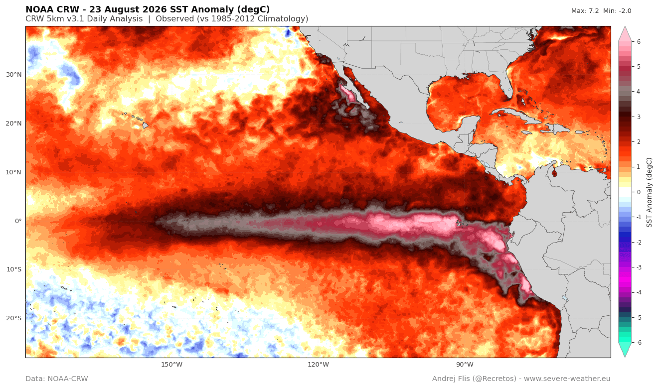 NOAA Coral Reef Watch sea surface temperature anomaly analysis across the tropical Pacific Ocean