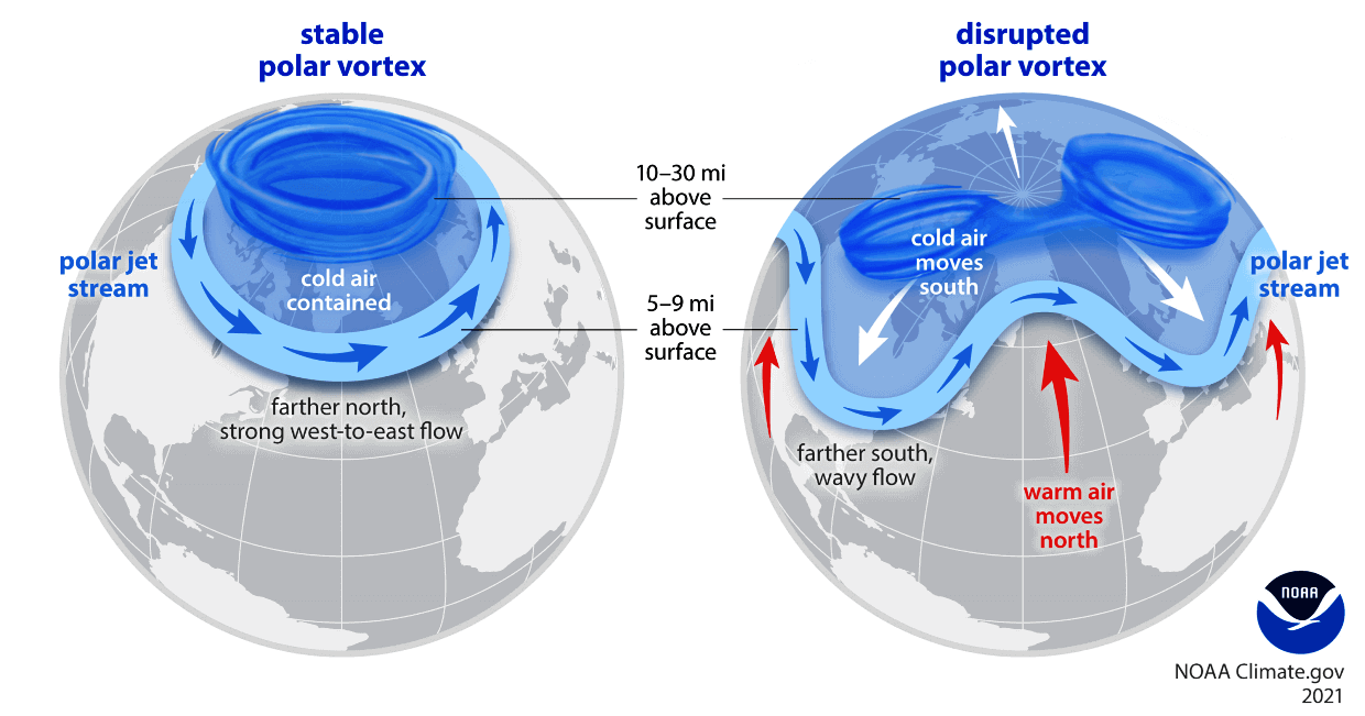 Schematic comparison between a strong stable polar vortex and a weak disrupted polar vortex