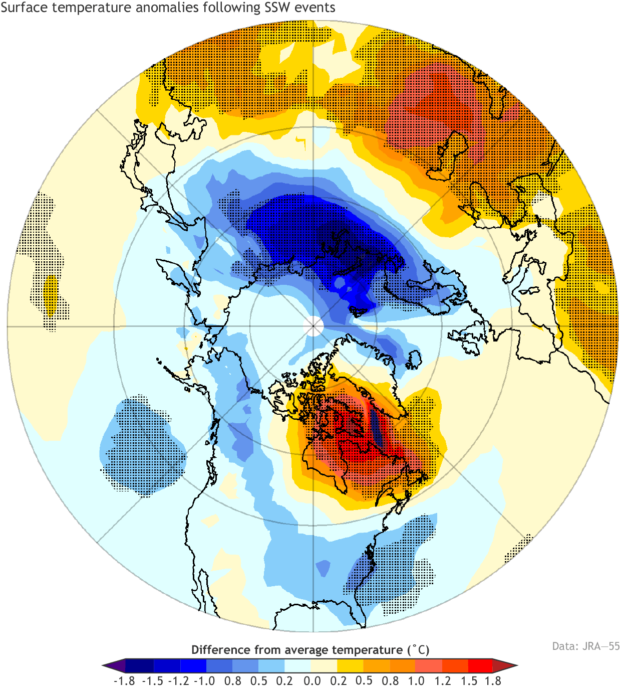 Historical surface temperature anomaly composite 0 to 30 days after major SSW events across the United States, Canada, and Europe