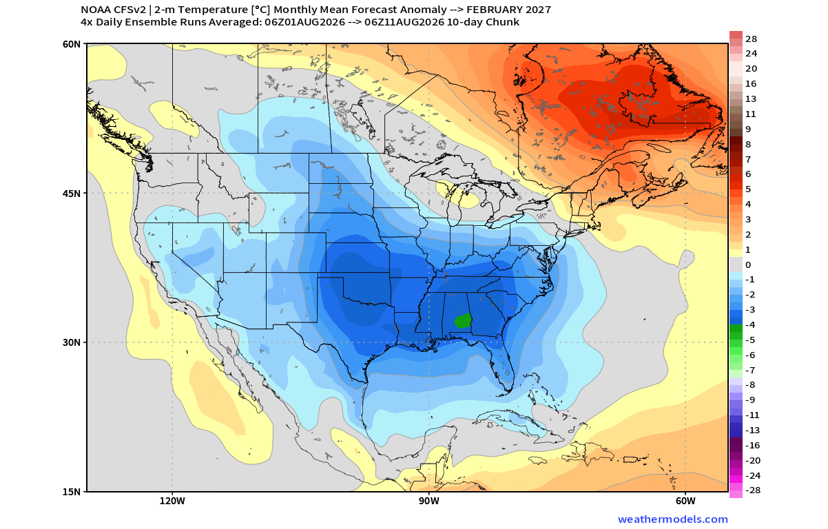 winter-2026-2027-february-strong-el-nino-temperature-anomaly-pattern-snowfall-cold-forecast-united-states-canada-cfsv2-latest