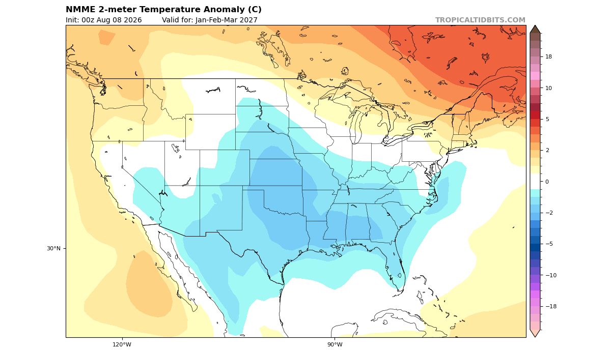 winter-2026-2027-february-strong-el-nino-temperature-anomaly-pattern-snowfall-cold-forecast-united-states-canada-nmme