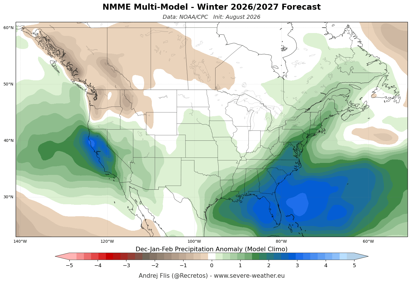 NOAA NMME multi-model seasonal precipitation anomaly forecast for the United States and Canada