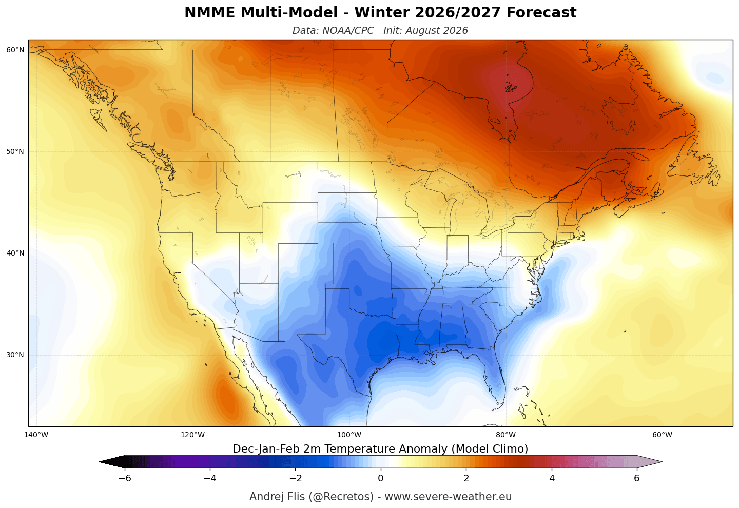 NOAA NMME multi-model seasonal temperature anomaly forecast for the United States and Canada