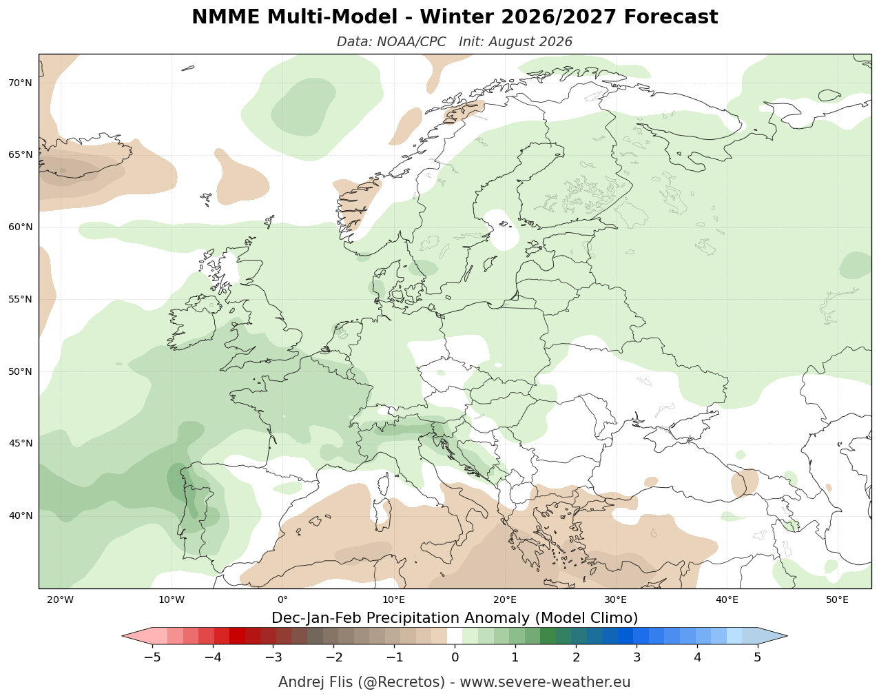 NOAA NMME multi-model seasonal precipitation anomaly forecast for Europe