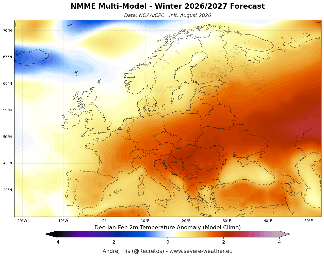 NOAA NMME multi-model seasonal temperature anomaly forecast for Europe