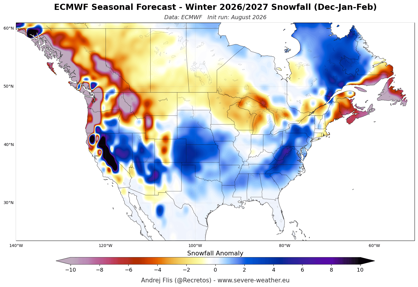ECMWF seasonal snowfall anomaly forecast for the United States and Canada Winter 2026/2027