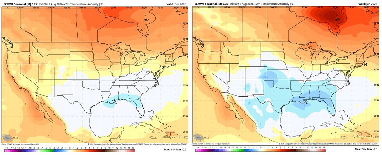 ECMWF temperature anomaly forecast comparison between December 2026 and January 2027 over the United States and Canada
