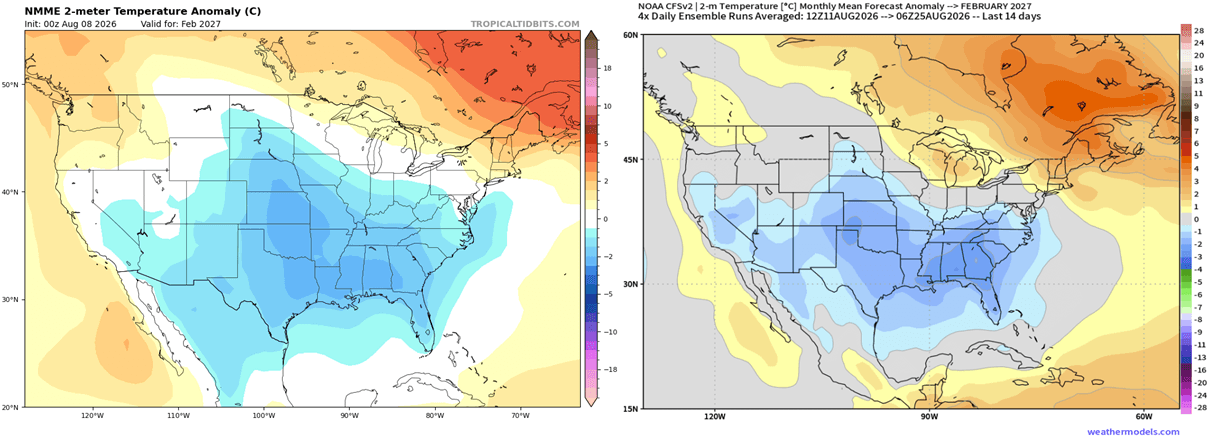 February 2027 surface temperature anomaly forecast comparison between NMME and CFSv2 models over the United States and Canada