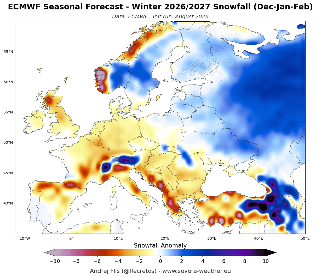 ECMWF seasonal snowfall rate anomaly forecast for Europe Winter 2026/2027