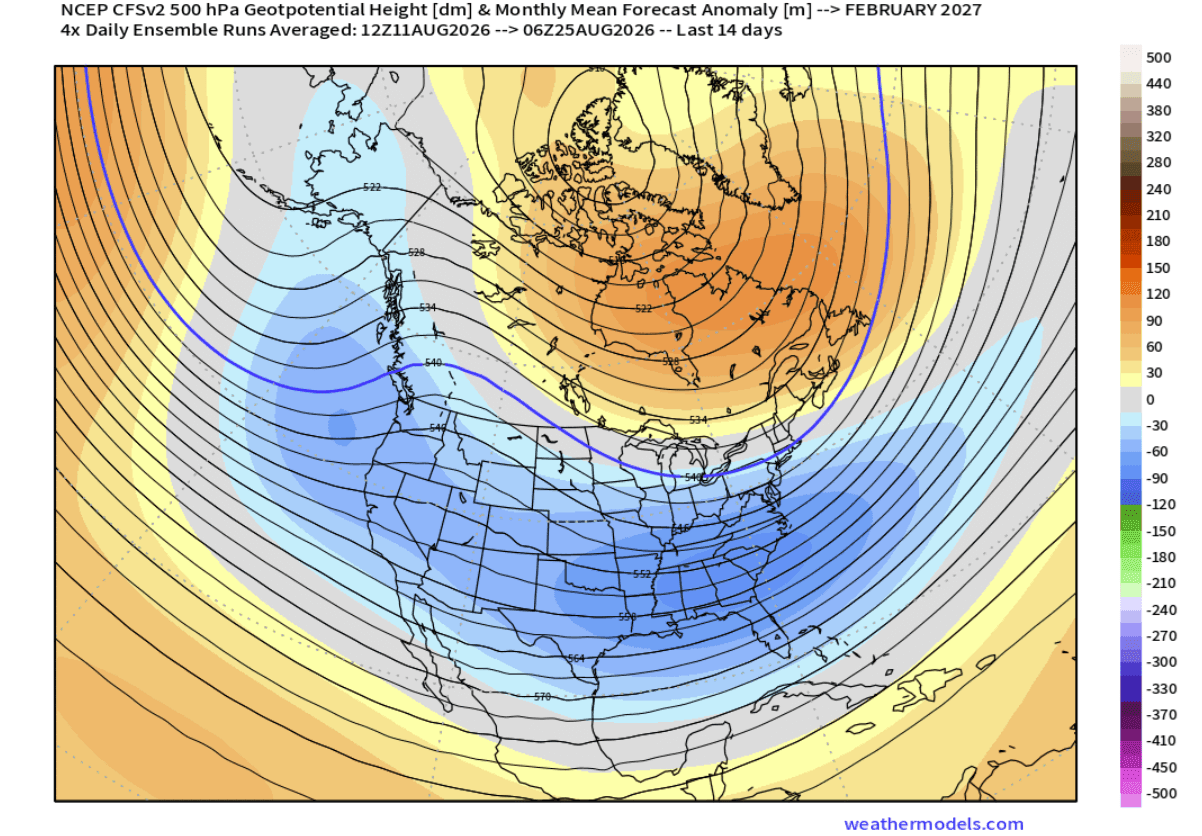 CFSv2 ensemble mean 500mb geopotential height anomaly forecast for February 2027 over the United States and Canada