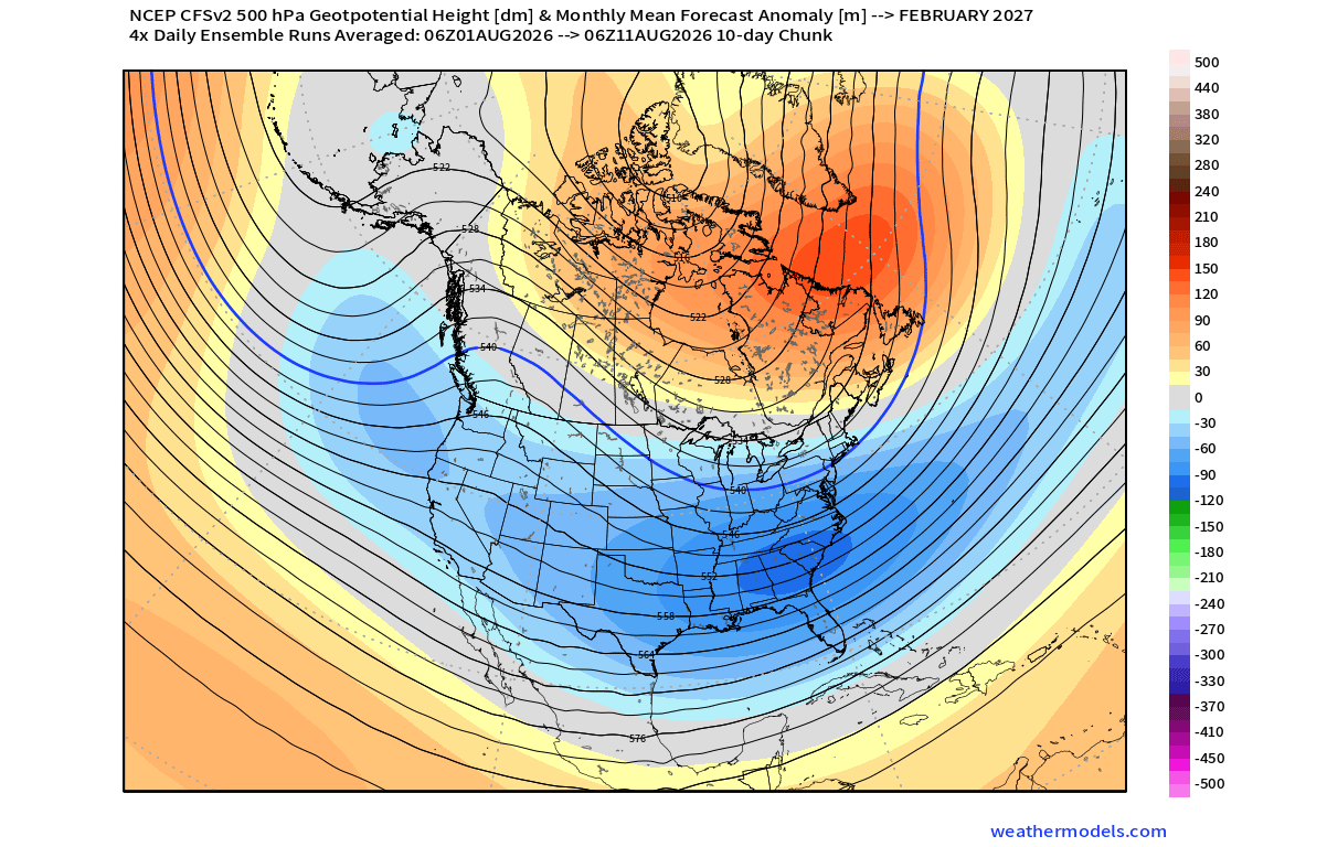 winter-2027-feburary-strong-el-nino-pressure-anomaly-pattern-snowfall-cold-forecast-united-states-canada-cfsv2