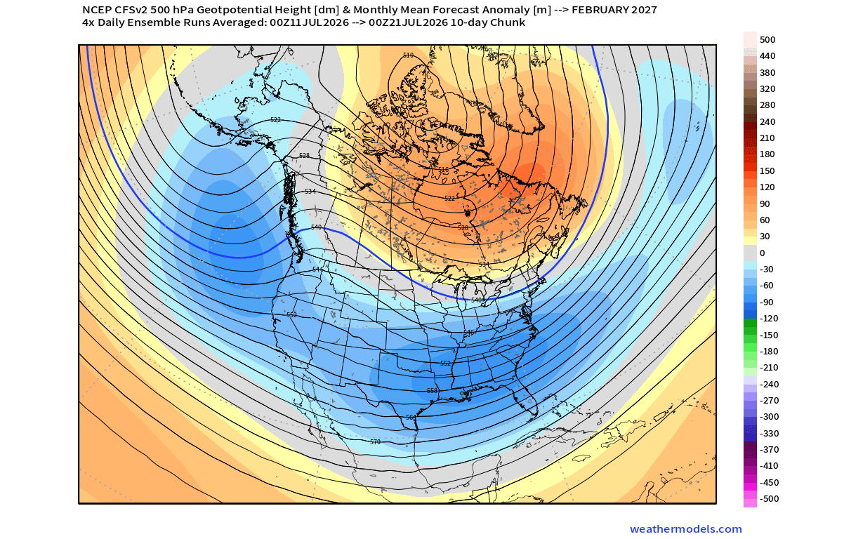 winter-2027-february-strong-el-nino-pressure-anomaly-pattern-snowfall-cold-forecast-united-states-canada