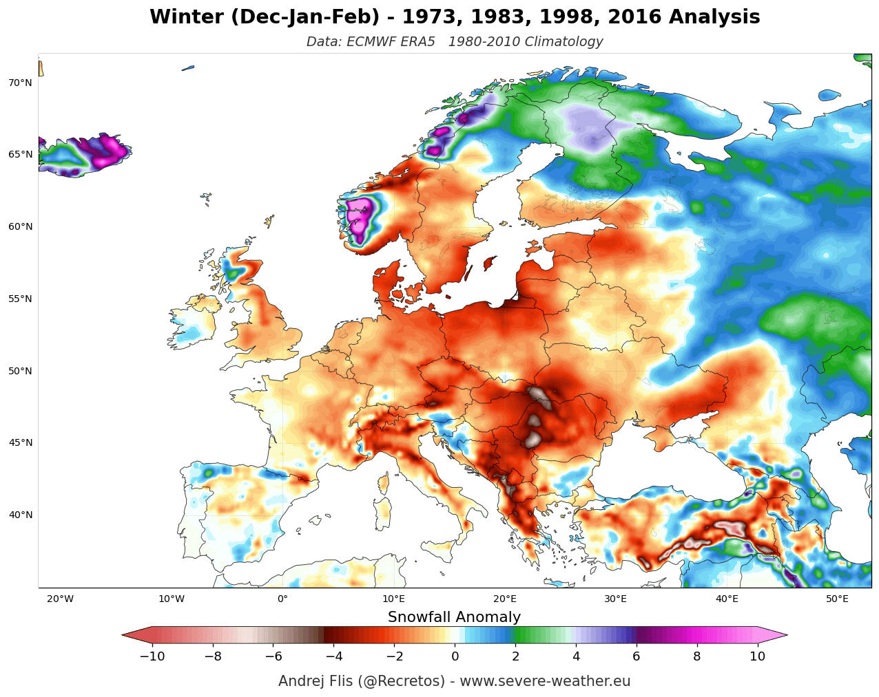 ERA5 winter snowfall anomaly reanalysis map over Europe during past Super El Niño winters