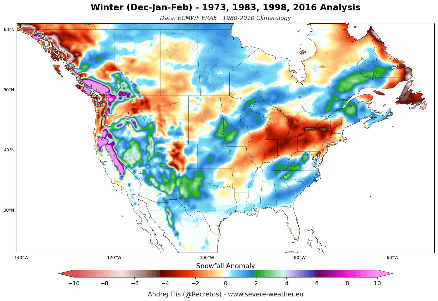 ERA5 winter snowfall anomaly composite for the United States and Canada during past strong El Niño events