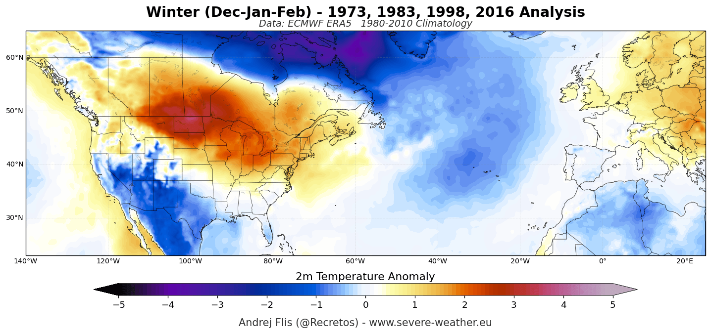 ERA5 surface temperature anomaly composite for the United States and Canada during past Super El Niño winters