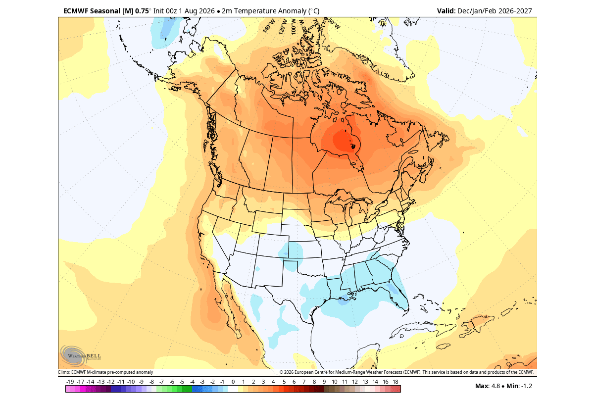 ECMWF seasonal surface temperature anomaly forecast for the United States and Canada